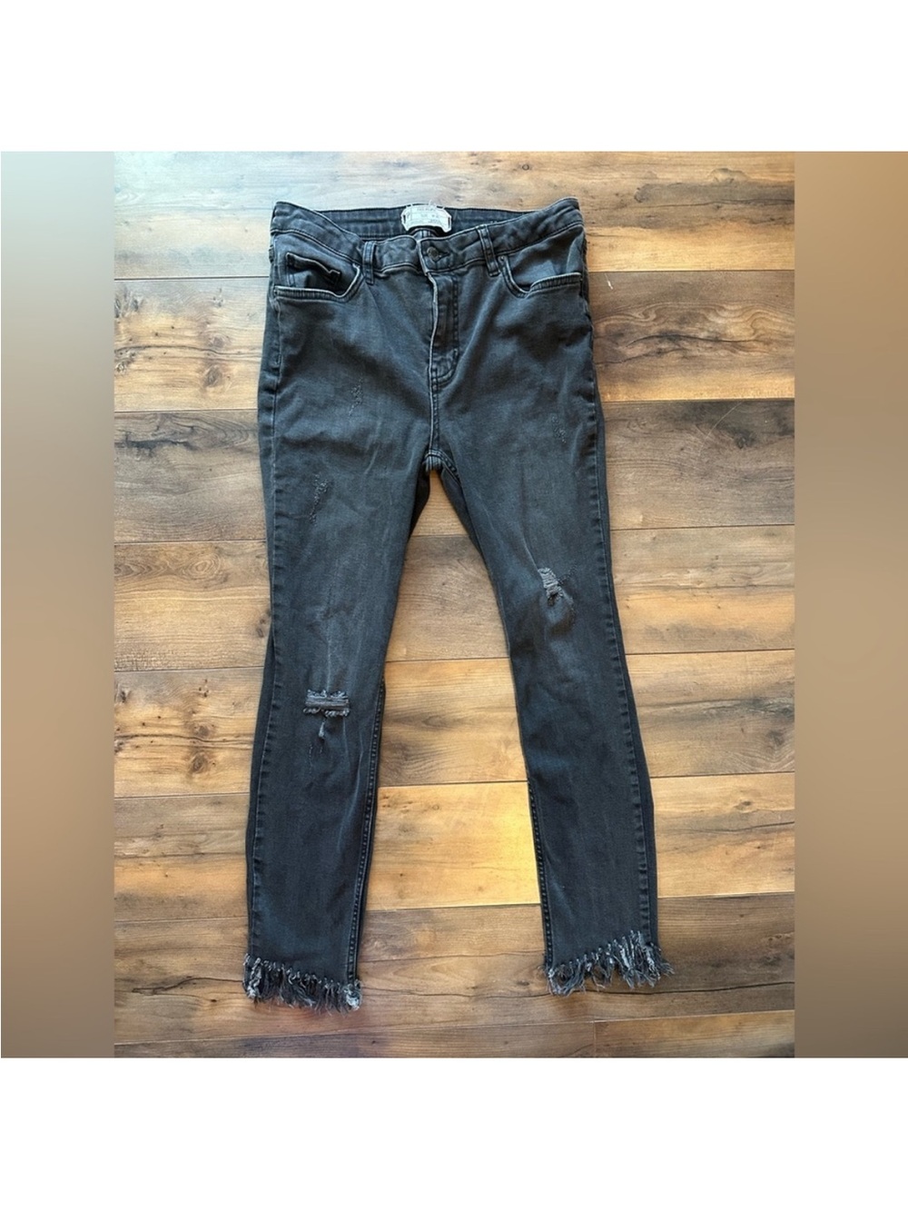 Free People Black Distressed Skinny Jeans Raw Fringe Hem 28 Boho Chic